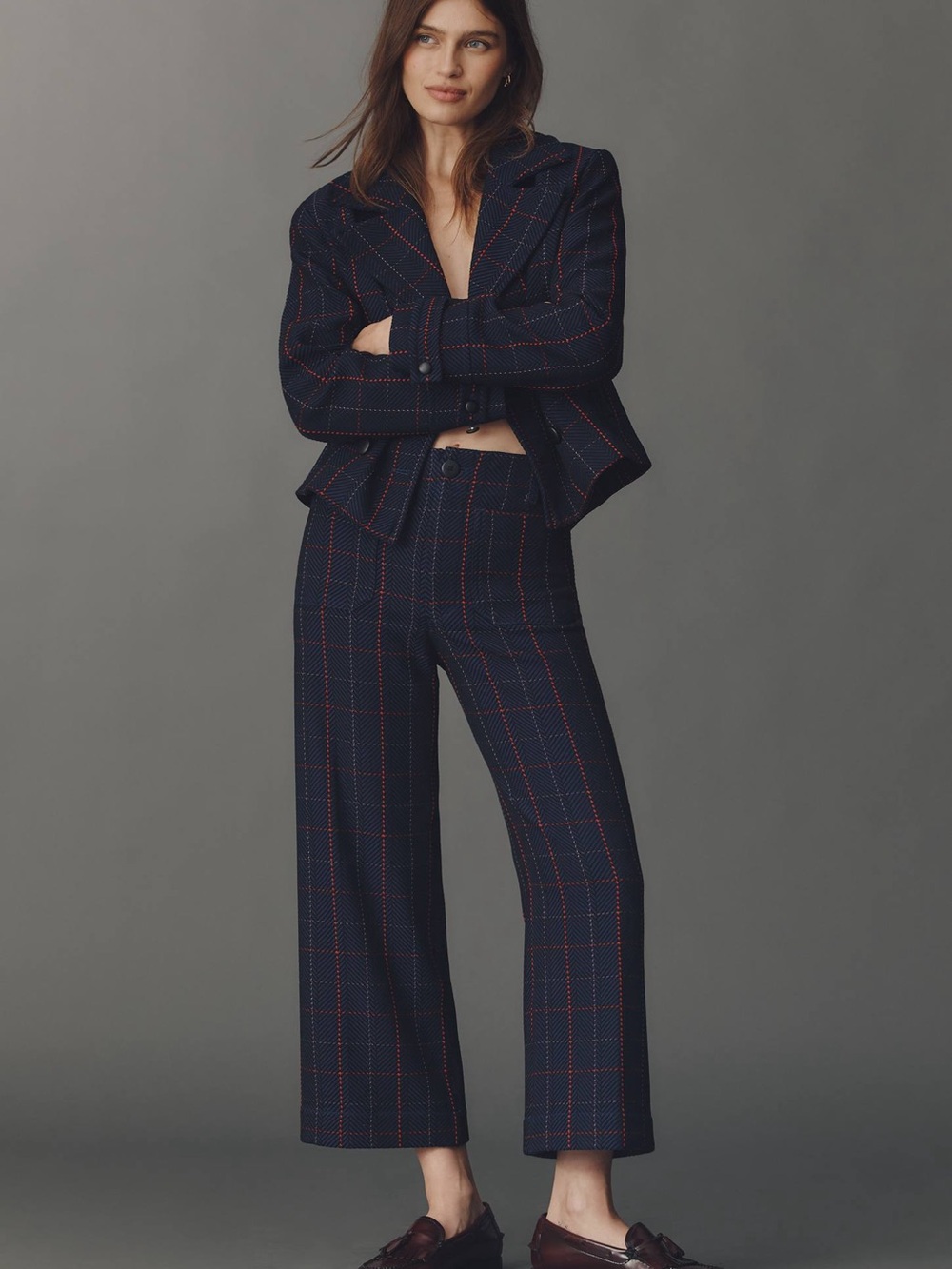 Maeve Navy Wide-Leg Pants with Red Windowpane